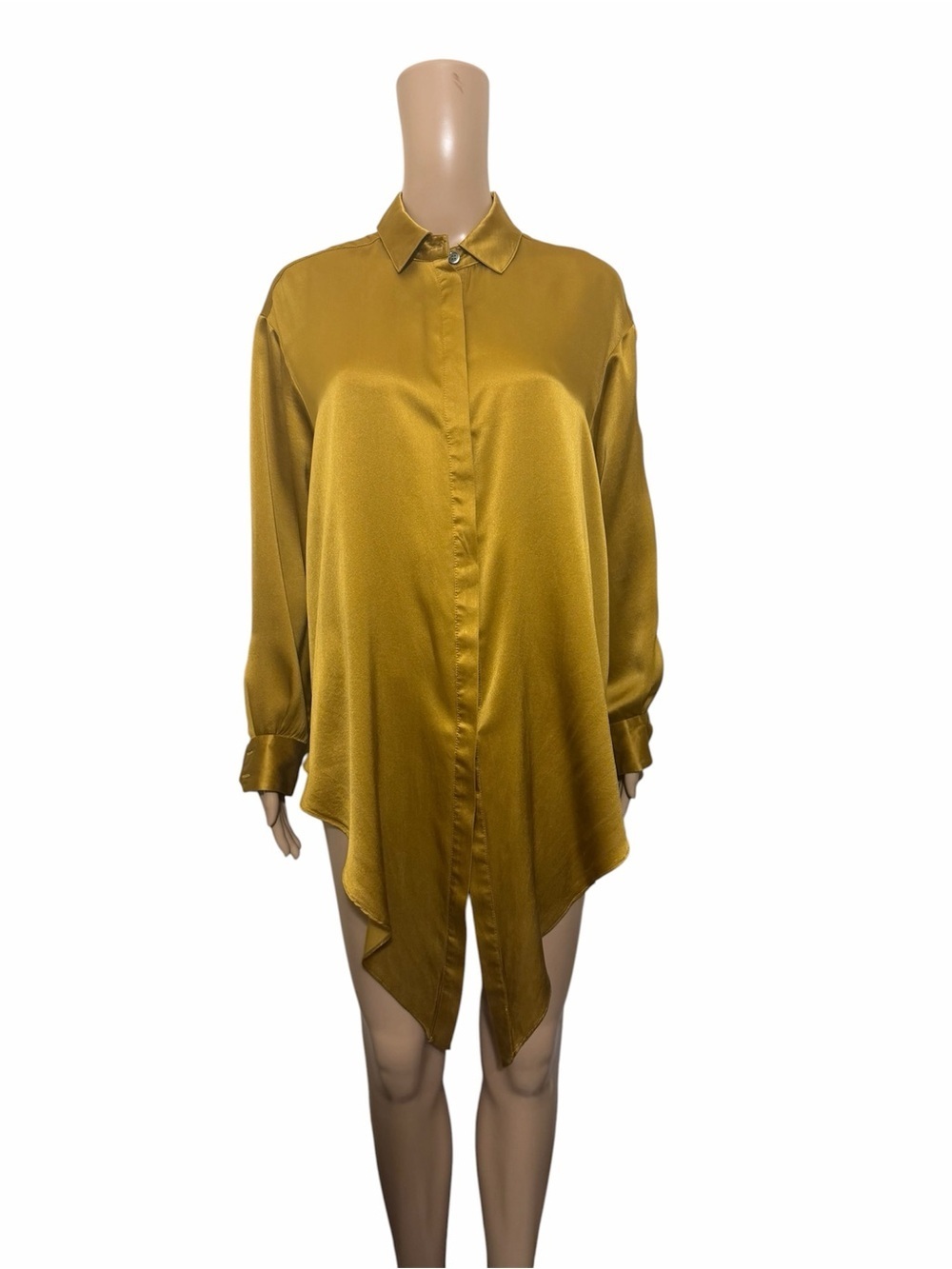 Ronny Kobo Silk Satin High Low Tunic Blouse Mustard Gold Draped Top